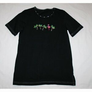 Black T-Shirt with Flamingo & Palm Tree Applique Small
